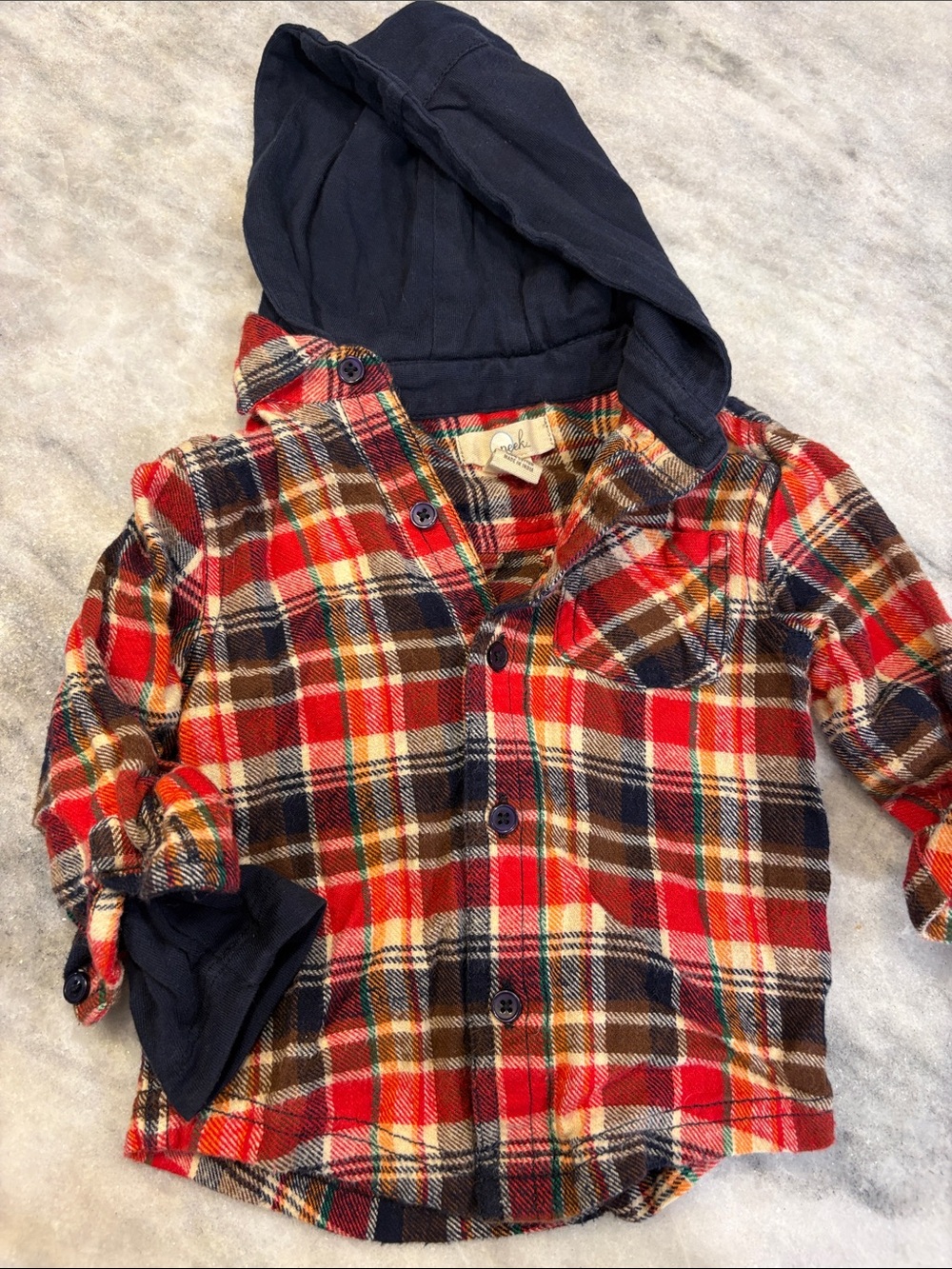 Peek Plaid Hooded Button-Down Shirt - Red, Navy & Brown